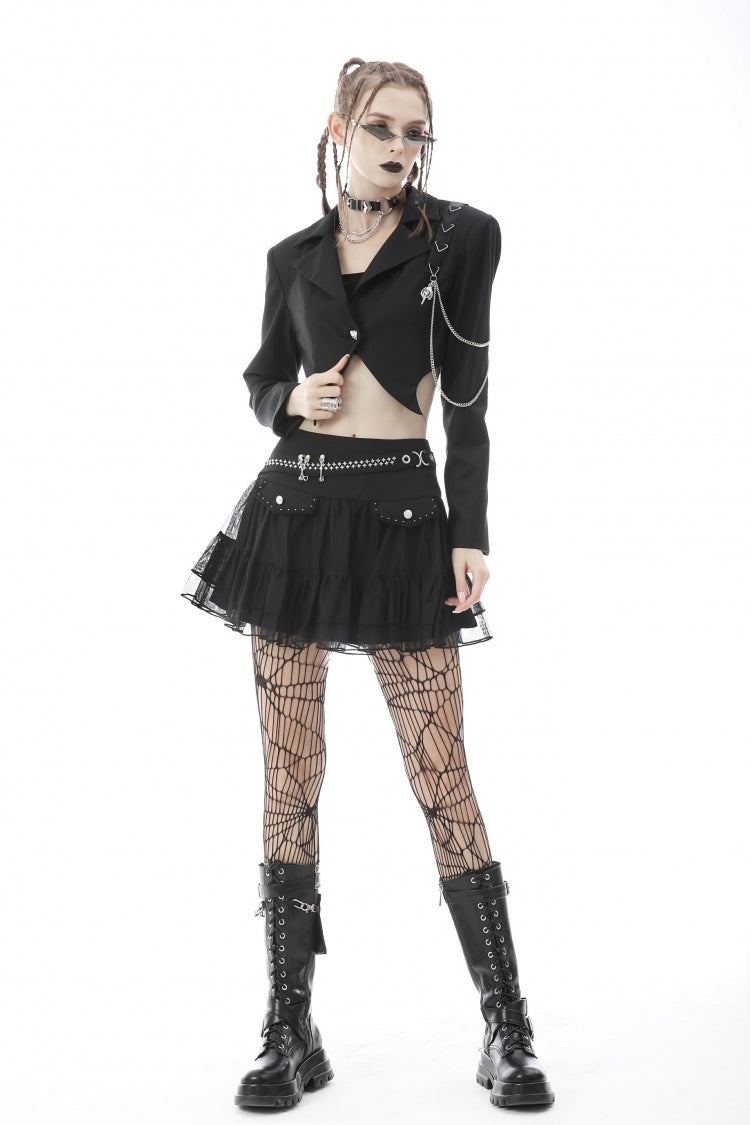 Black Lapel Collar Long Sleeves Chain-Decorated Women's Punk Irregular Short Jacket
