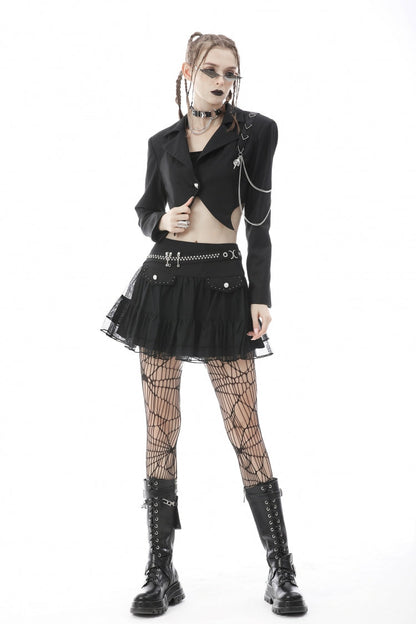 Black Lapel Collar Long Sleeves Chain-Decorated Women's Punk Irregular Short Jacket