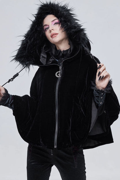Black Gothic Velvet Collar Crescent Pendant Zipper Warm Short Women's Shawl