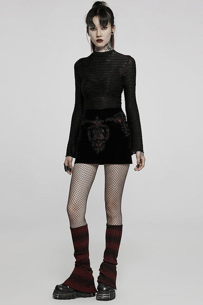 Black Gothic Velvet Striped Light Flared Sleeve Asymmetric Hem Sexy Long Sleeve Women's T-Shirt