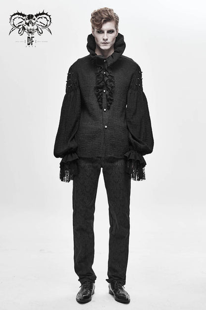 Black High Collar Chiffon Chest Frilly Beading Long Sleeve Lace Cuff Men's Gothic Shirt