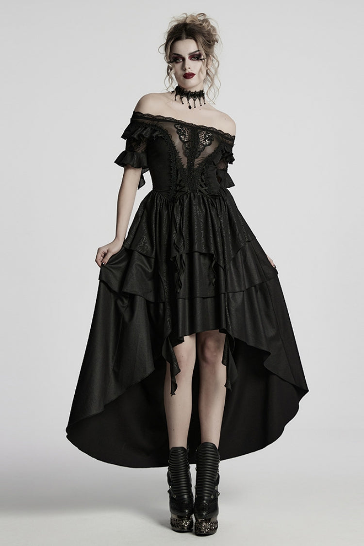 Black Off Shoulder Ruffle Sheer Women's Gothic High/low Prom Dress