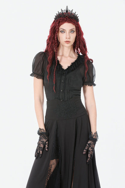 Black High Waisted Floral Printed Lace Mesh Women's Gothic Elegant Long Skirt