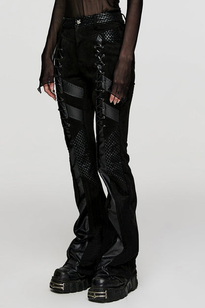 Black Metal Eyelets Faux Leather Stitching Mesh Women's Steampunk Pants