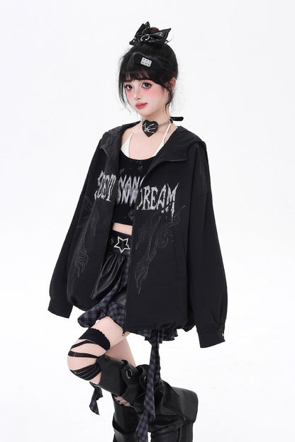 Black Long Sleeves Print Zipper Gothic Loose Jirai Kei Coat