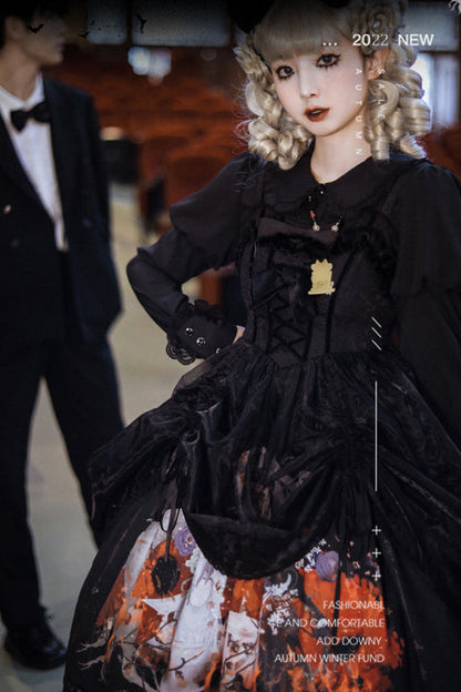 Black Lace Ruffled Organza Material Witch High Waisted Gothic Lolita JSK Dress