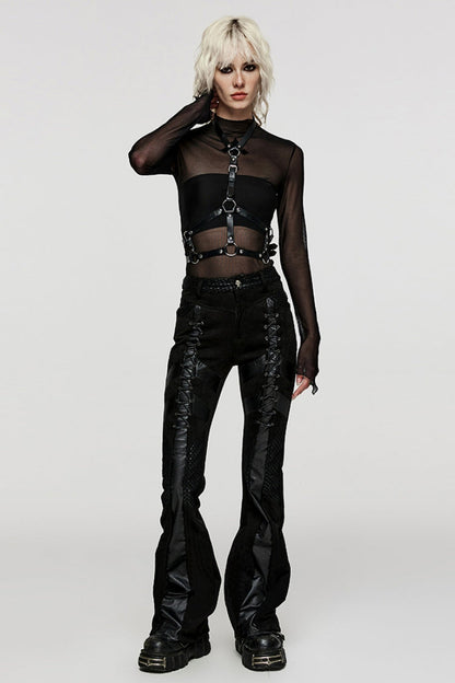 Black Metal Eyelets Faux Leather Stitching Mesh Women's Steampunk Pants