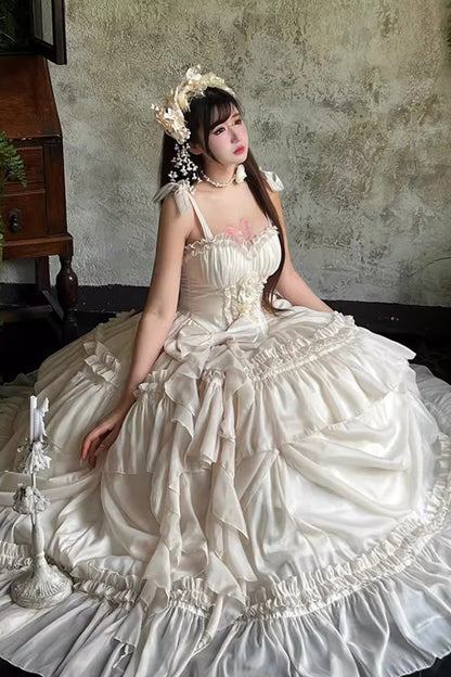Apricot/Beige [Antique Bride] Sleeveless Multi-Layered Ruffled Bow Lace Sweet Elegant Gorgeous Full Skirt Lolita Jsk Dress