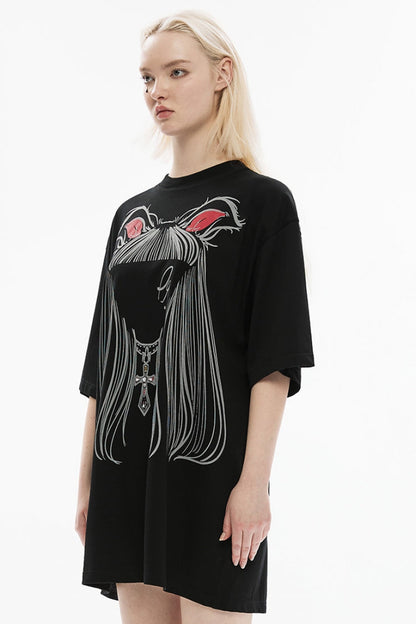 Black Loose Short Sleeves Faceless Cat Ears Long Hair Girl Print Women's Punk T-Shirt