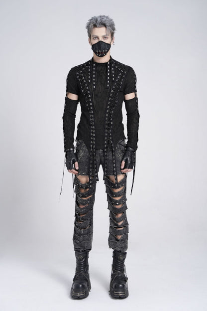 Black Long Sleeves Strap Lace-Up Irregular Mesh Men's Gothic T-Shirt