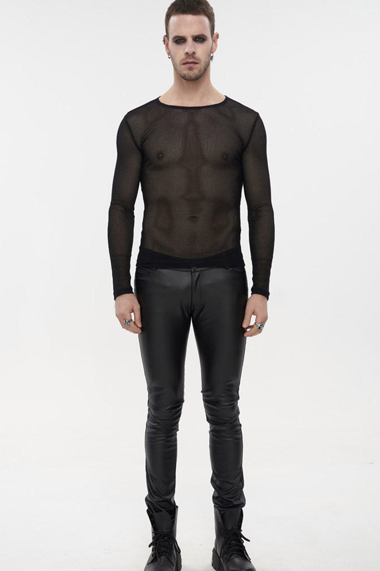 Black Gothic Elasticity High Neck Long Sleeve Mesh Men's Shirt