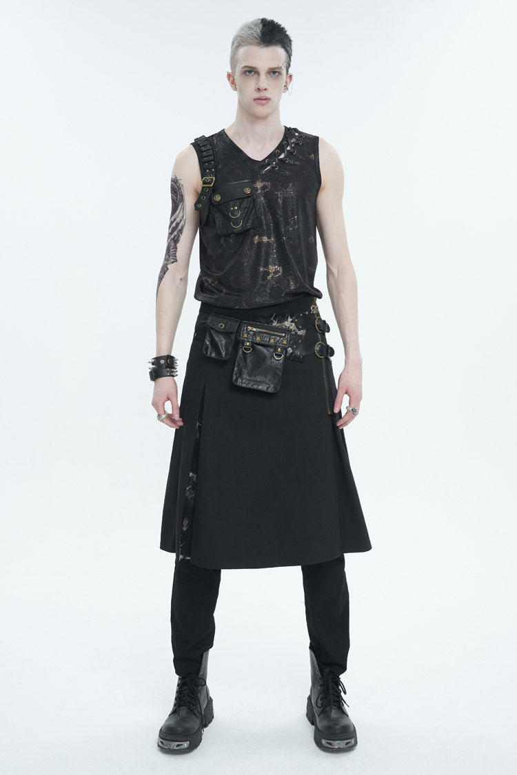 Black Personalized Print Big Pocket Buckle Men's Punk Tank Top