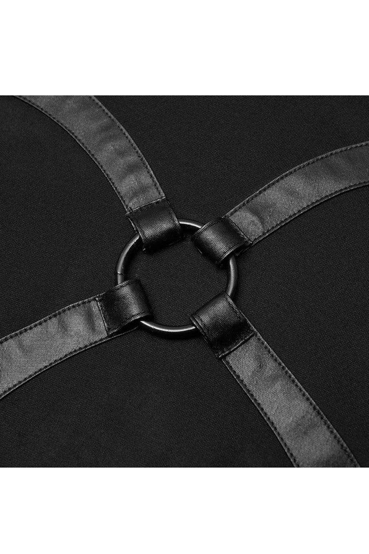 Black High Collar Long Sleeve Front Metal Ring Woven Tape Decoration Irregular Hem Women's Punk T-Shirt
