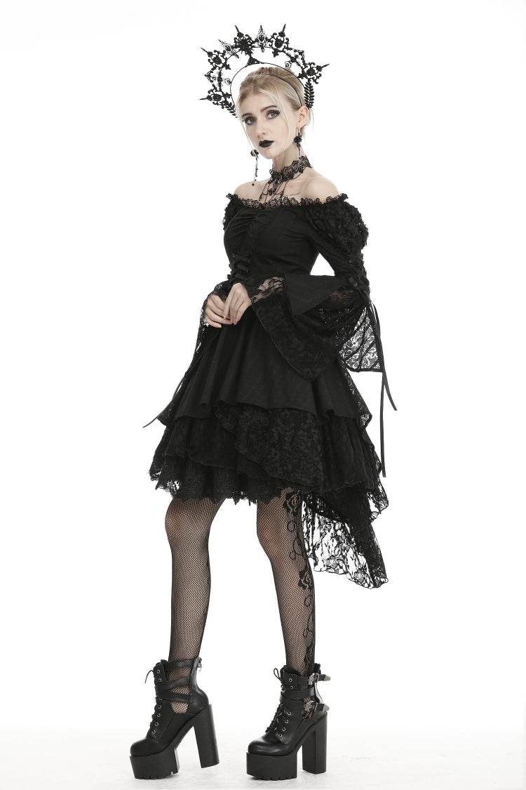 Black Off Shoulder Long Trumpet Puff Sleeves Lace-Up Strappy Mesh Women's Gothic Cocktail Dress