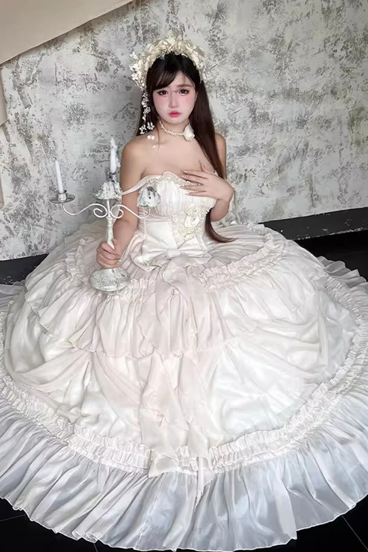 Apricot/Beige [Antique Bride] Sleeveless Multi-Layered Ruffled Bow Lace Sweet Elegant Gorgeous Full Skirt Lolita Jsk Dress