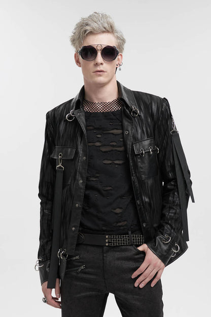 Black Metal Ring Perforated Lapel Lapel Button Handsome Men's Punk Jacket