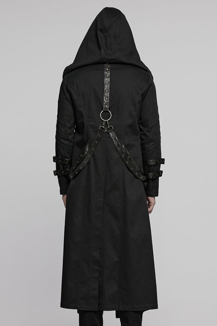 Black Lapel Collar Long Sleeves Hooded Pleated Men's Punk Coat with Buckle Strap