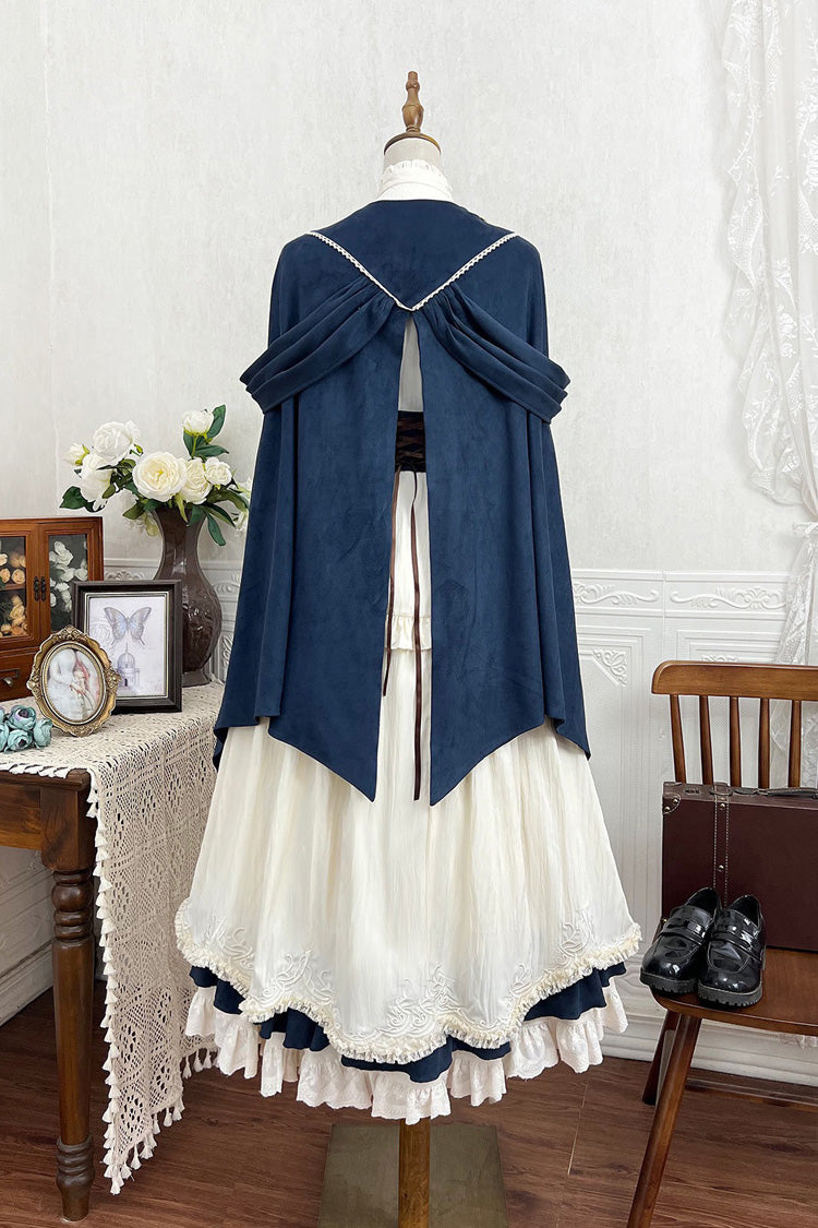 Beige [Morning Mist Coast] Stand Collar Long Sleeves Ruffle Embroidery Vintage Elegant Lolita Skirt Dress Set