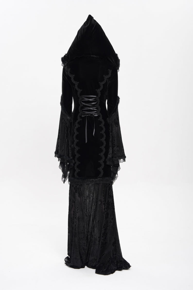 Black Long Trumpet Sleeves Embroidery Stitching Lace Hooded Mesh Women's Gothic Dress