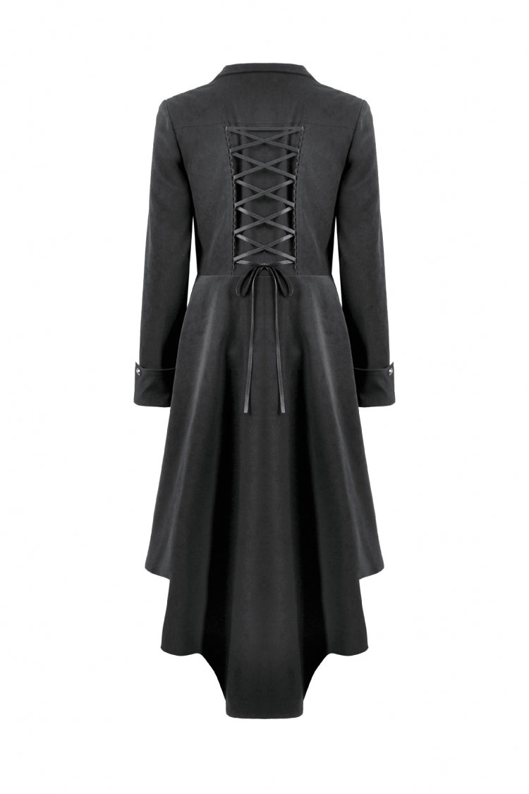 Black Lapel Collar Long Sleeves Lace-Up Irregular Bouble-breasted Buckle-up Women's Gothic Coat