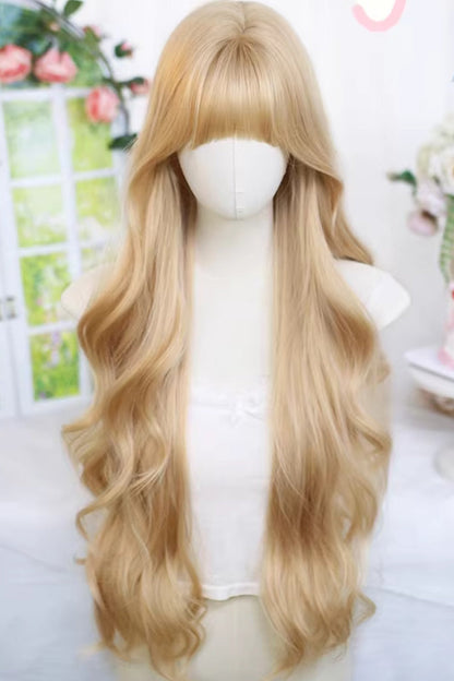 Almond Blonde Long Wavy Blunt Bangs Daily Sweet Lolita Wig