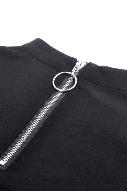 Black Long Sleeves Cut-Out Spliced Mesh Zippered Strappy Eyelet Women's Punk Crop Top