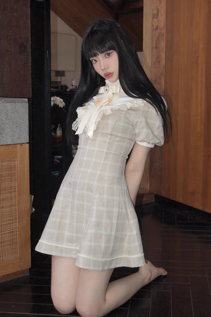 Apricot Short Sleeves Plaid Printed Lace Jirai Kei Japanese Dress