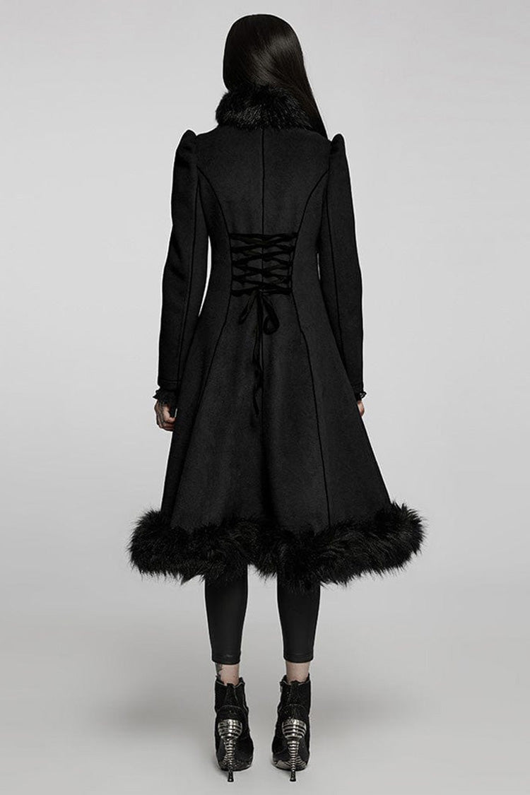 Black Gothic Gorgeous Symmetric Appliqu¨¦ Detachable Big Fur Collar Loose Hem Long Women's Coat