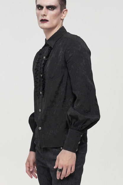 Black Gothic Metal Pattern Buckle Long Sleeve Pleated Lace Lantern Shape Printing Pattern Men's Shirt