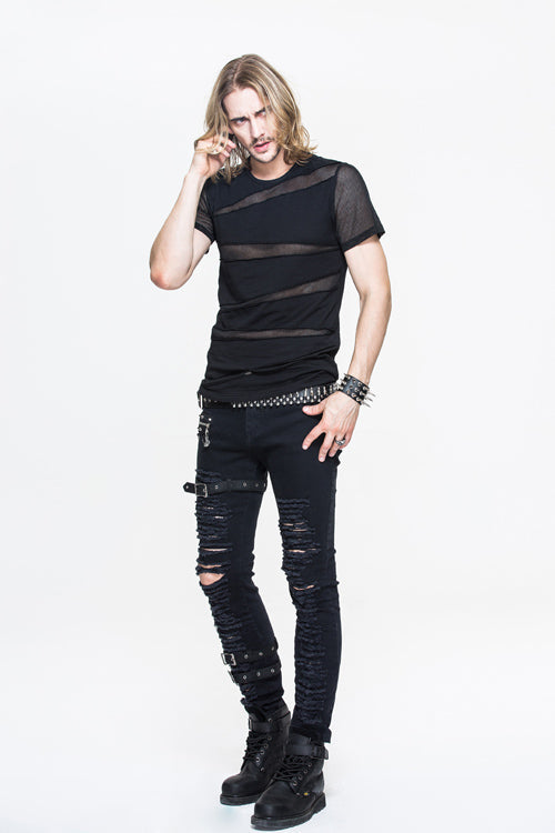 Black Partition Diamond Shape Mesh Gothic Punk Mens Tops T-Shirt