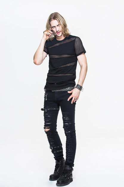Black Partition Diamond Shape Mesh Gothic Punk Mens Tops T-Shirt