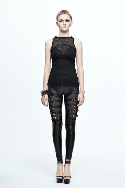 Black Leather Embroidered Gear Cotton Womens Punk T-Shirt