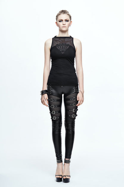 Black Leather Embroidered Gear Cotton Womens Punk T-Shirt