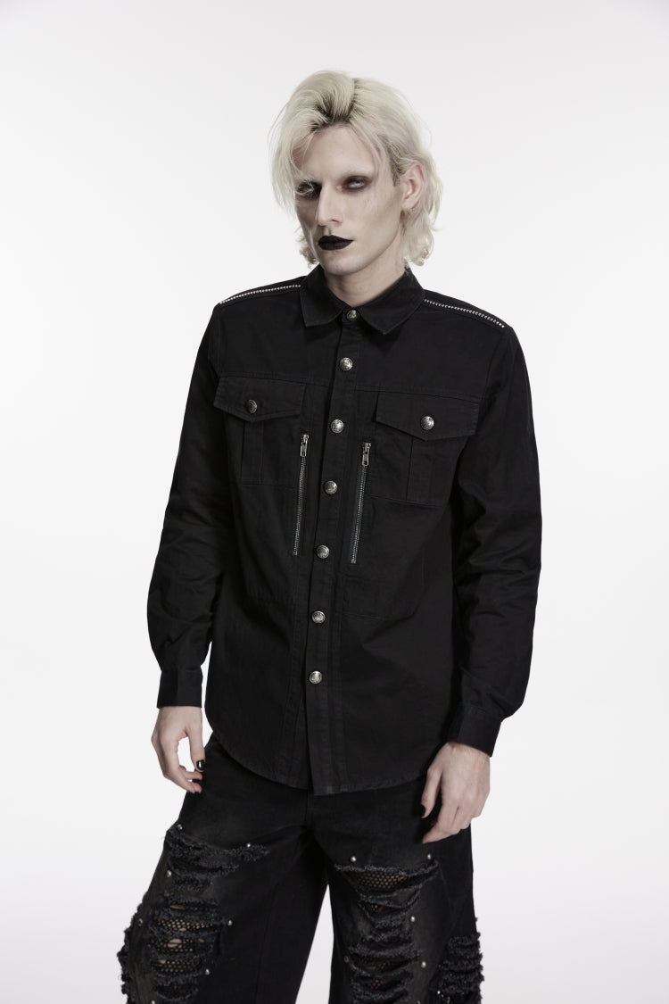 Black Lapel Collar Long Sleeves Zippered Men's Punk Cool Shirt