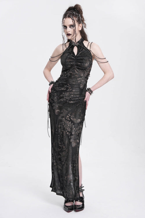 Black Off Shoulder Halterneck Sleeveless Side Slit Women's Gothic Dress