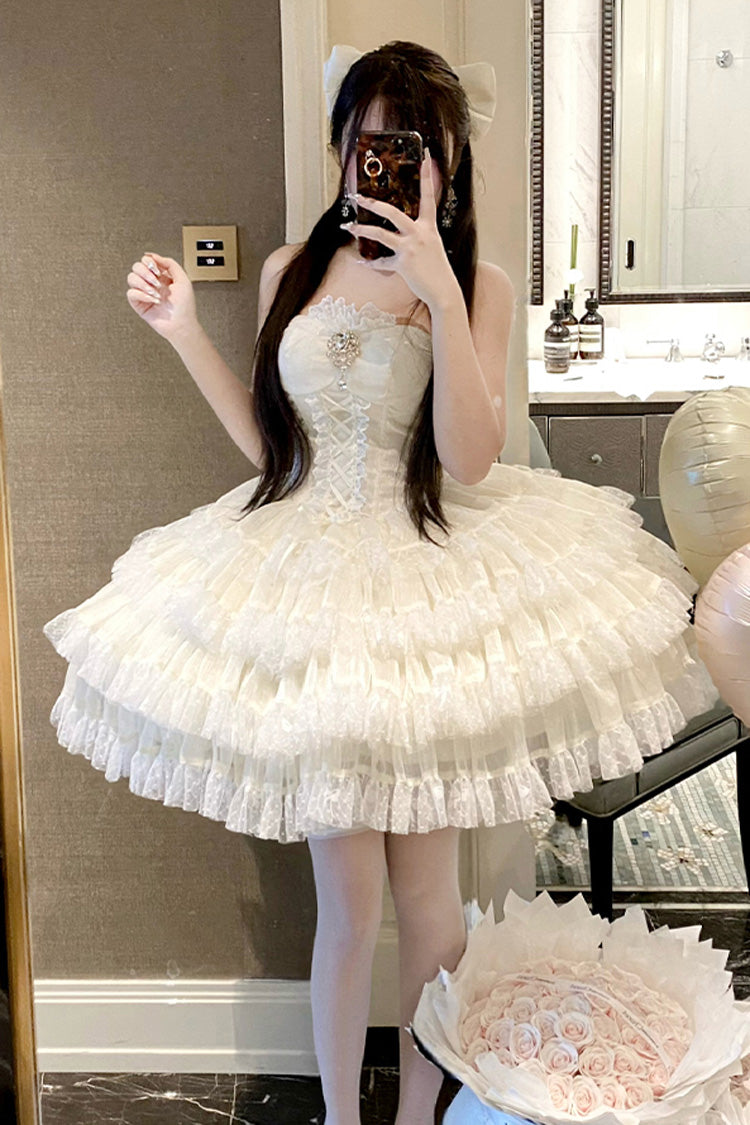 Beige [Heartbeat at First Sight] Off Shoulder Sleeveless Multi-Layered Ruffle Bowknot Lace Lace-Up Sweet Princess Gorgeous Lolita Dress