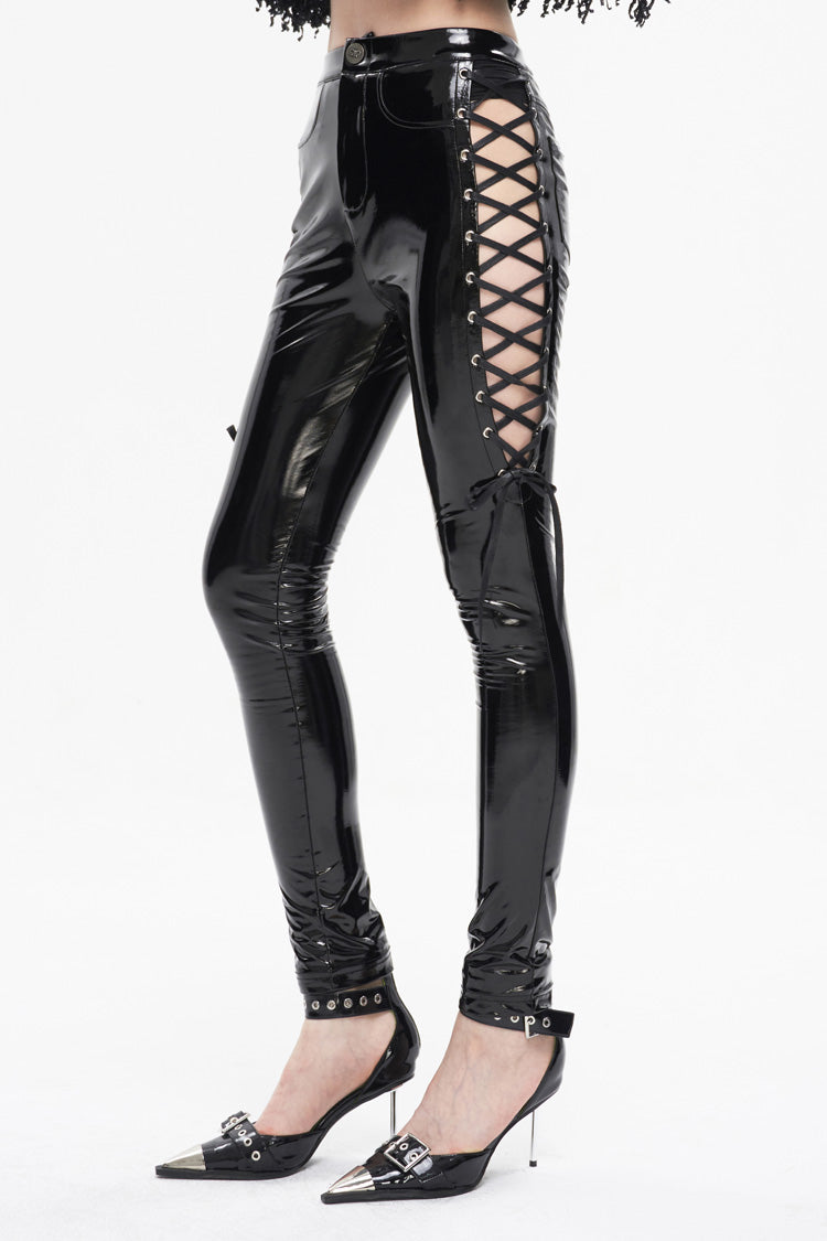 Black Patent Leather Side Cutout Lace Up Women's Punk Pants
