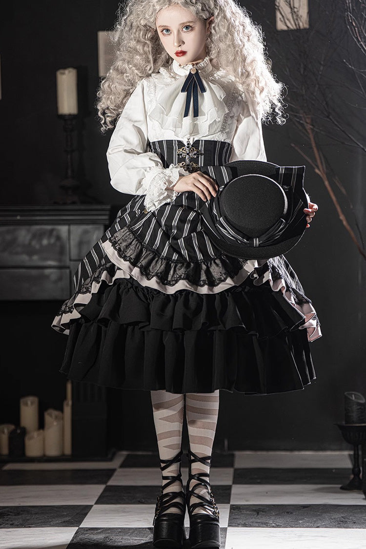 Black Point Manor Multi-layer Striped Print Ruffle Gothic Lolita Skirt