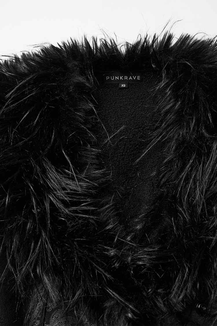 Black Plush Lapel Collar Long Sleeves Buckle Straps Women's Gothic Coat