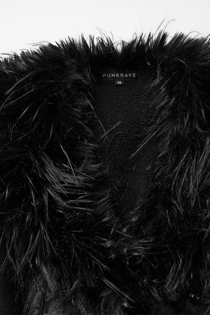 Black Plush Lapel Collar Long Sleeves Buckle Straps Women's Gothic Coat