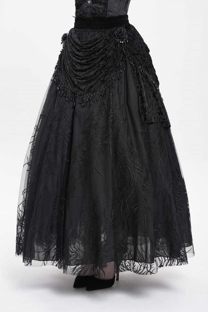 Black Floral Embroidered Beaded Women's Gothic Long Skirt