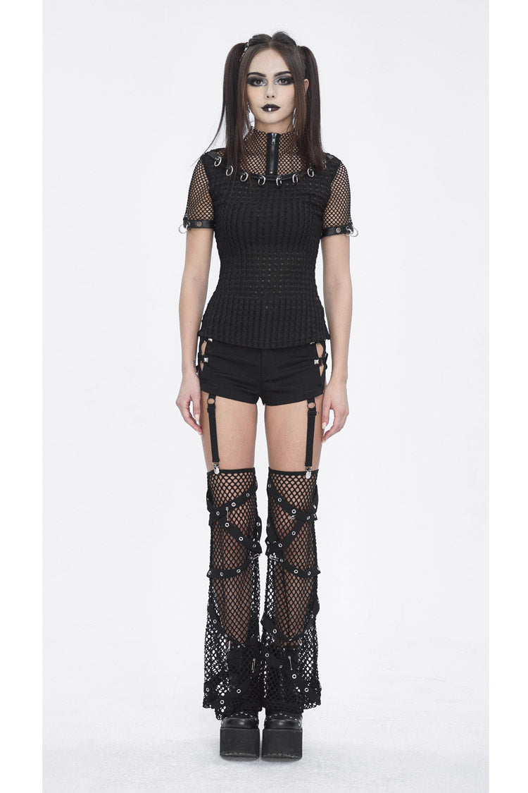 Black Mesh Rings Short Sleeved Womens Punk Top
