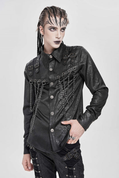 Black Lapel Collar Long Sleeves Buckled Strappy Chain-Decorated Men's Punk Shirt
