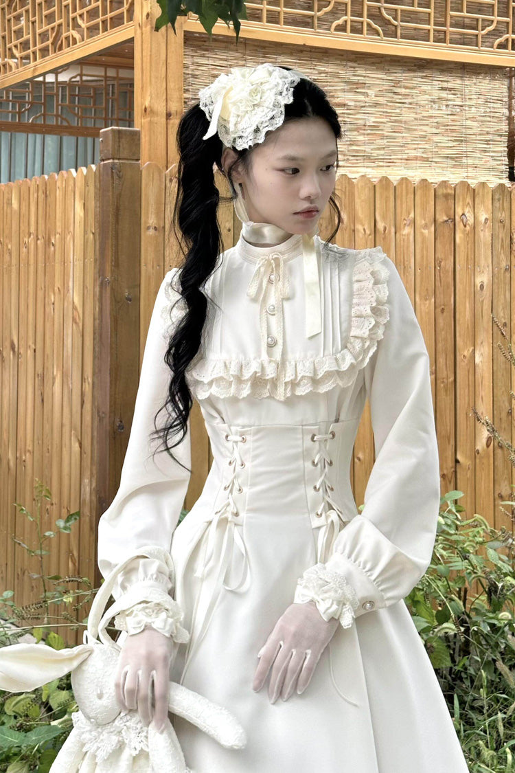Apricot Stand Collar Long Sleeves Ruffled Lace-Up Gothic Lolita Dress