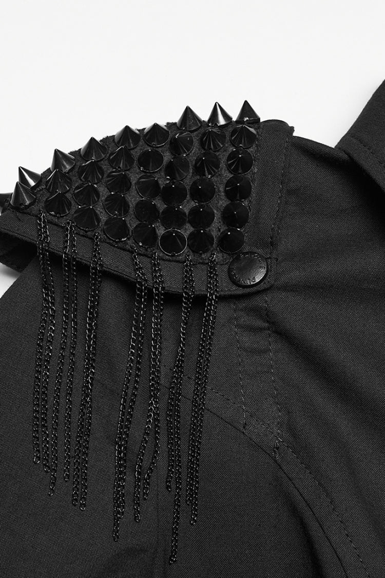 Black Lapel Collar Short Sleeves Mesh Studded Tassels  Women's Punk Blouse