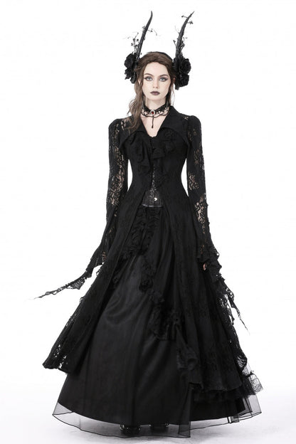 Black Lapel Collar Long Sleeves Ruffled Irregular Lace Lace-Up Women's Gothic Jacket Dress