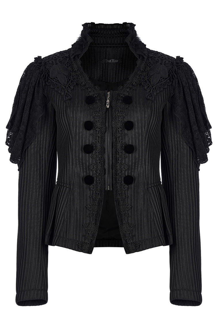 Black Gothic Lace Jacquard Double Row Velvet Button Metal Zip Back Lace Up Women's Jacket