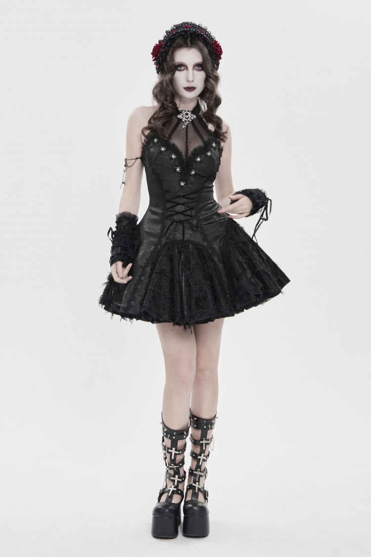 Black Off Shoulder Sleeveless Printed Spliced Lace Lace-Up Pleated Women's Gothic Dress