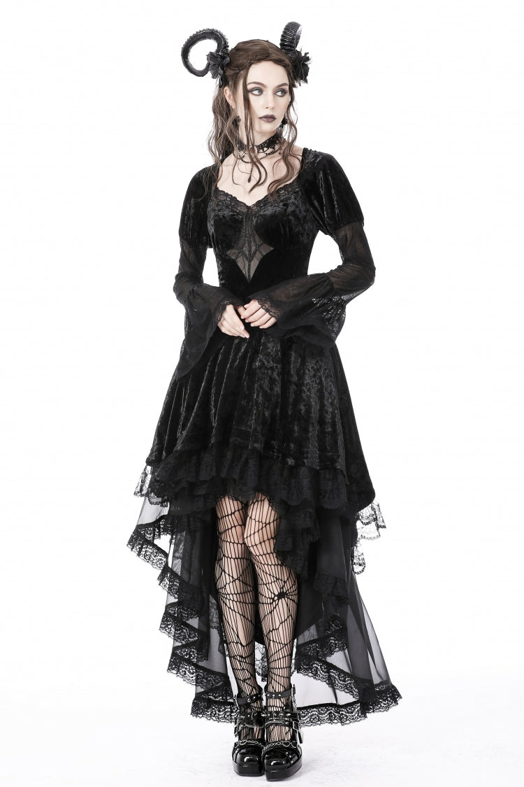 Black Long Puff Sleeves High Low Irregular Multi-Layered Lace Women's Gothic Velvet Dress