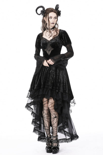 Black Long Puff Sleeves High Low Irregular Multi-Layered Lace Women's Gothic Velvet Dress